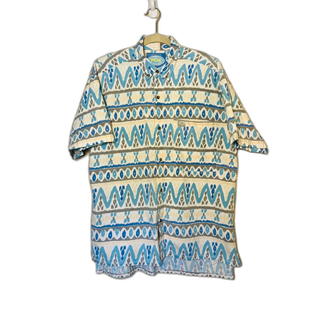PCH Fade Out Retro 90's Surf Button Down Shirt Large Short Sleeve Blue White